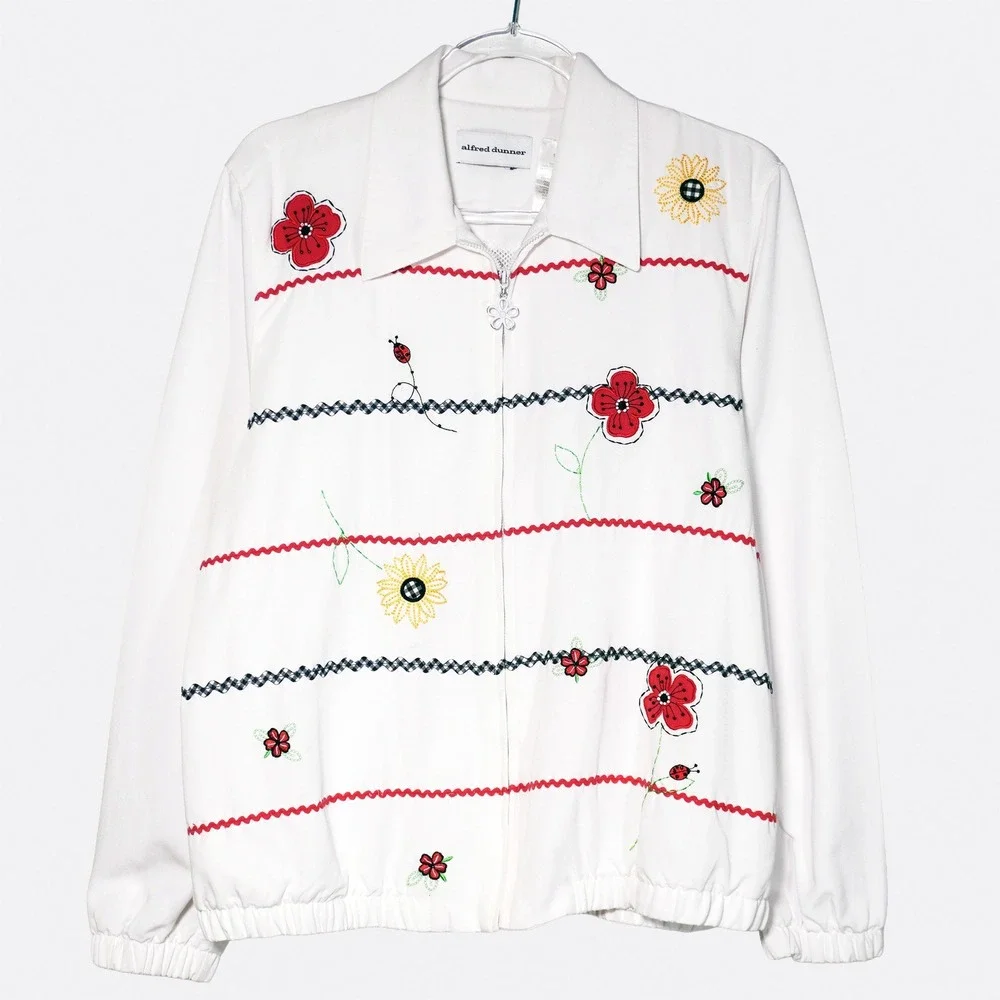 Alfred Dunner Vintage 00s‎ White Embroidered Floral Ladybug Zip Jacket 1X Retro
